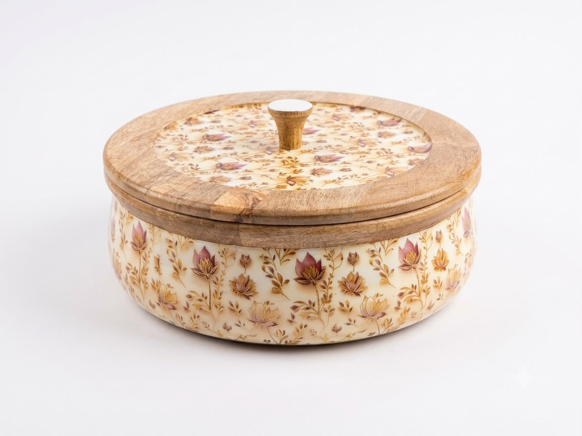 Large Mango Wood Flatbread Box in Cream Floral, handcrafted in Moradabad, India