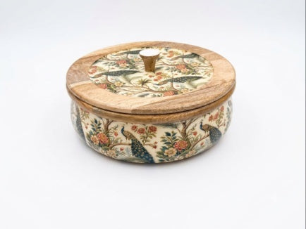 Large Mango Wood Flatbread Box in Peacock Print, handcrafted in Moradabad, India