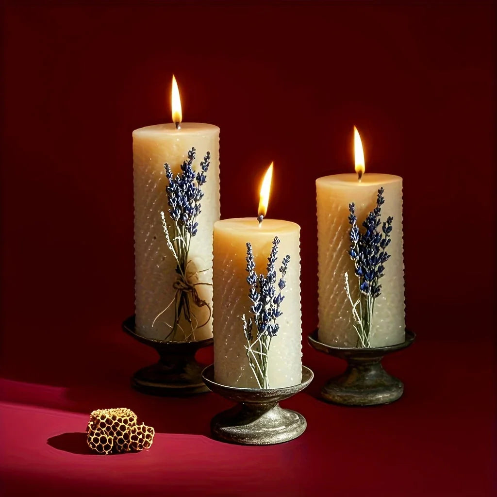 Lavender beeswax pillar candles, soft purple hue, 3-pack set - House of Avana