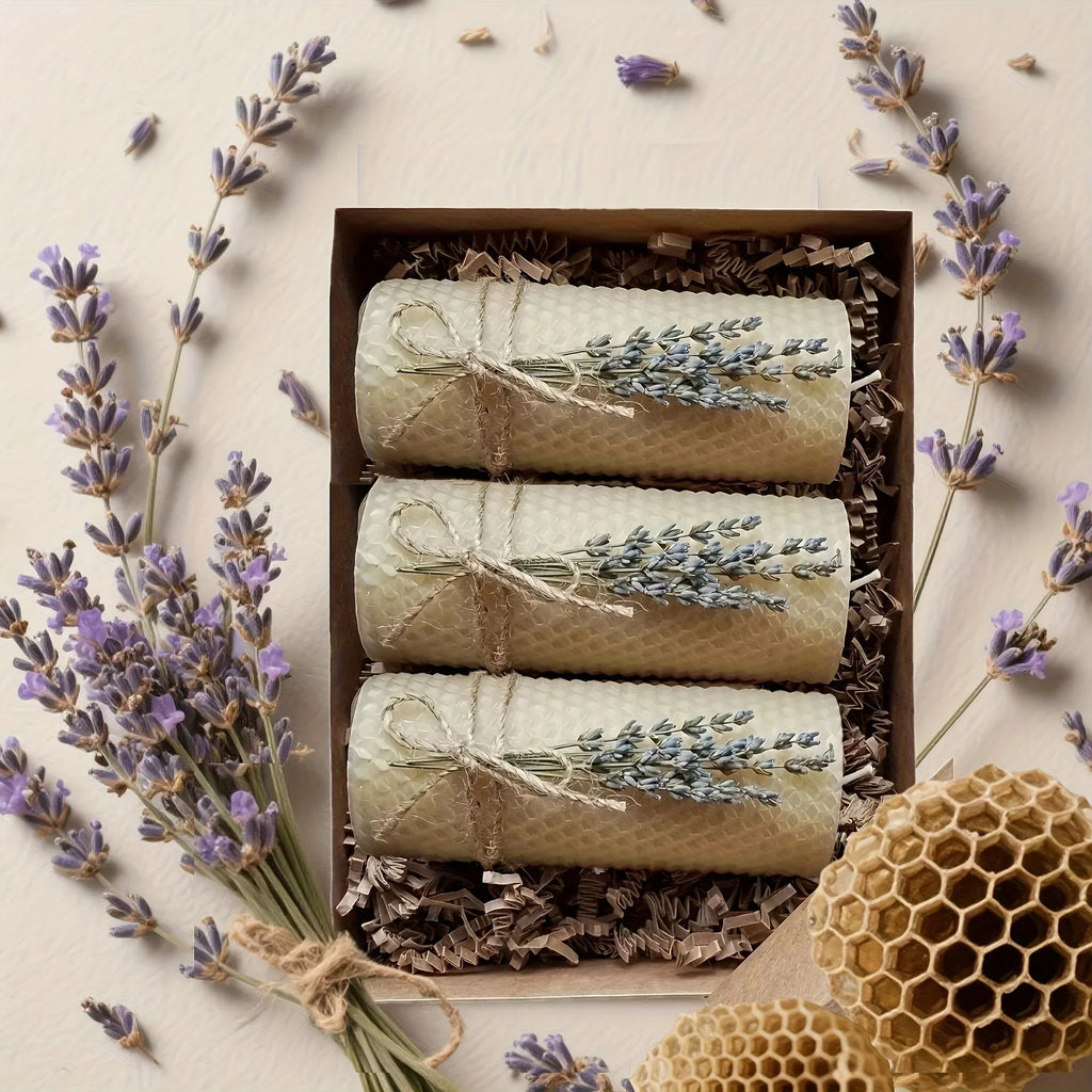 Lavender beeswax pillar candles, soft purple hue, 3-pack set - House of Avana