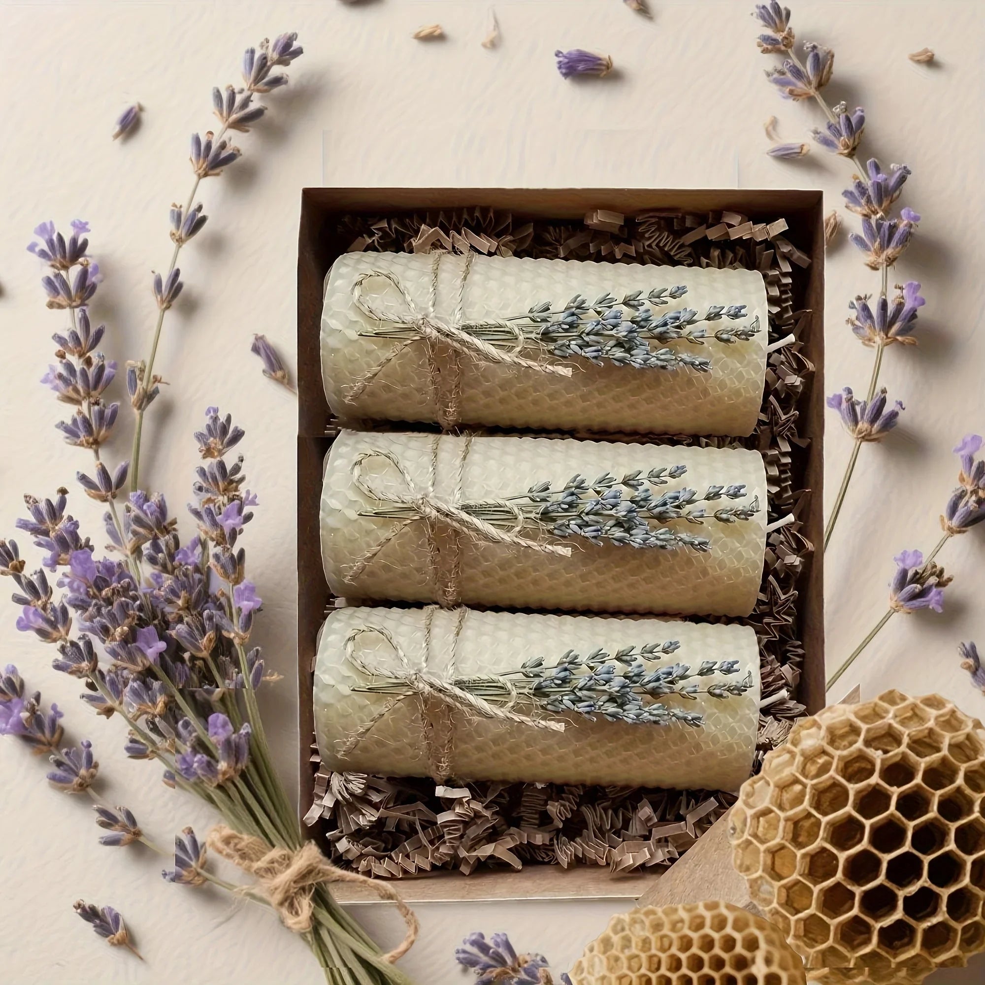 Lavender beeswax pillar candles, soft purple hue, 3-pack set - House of Avana