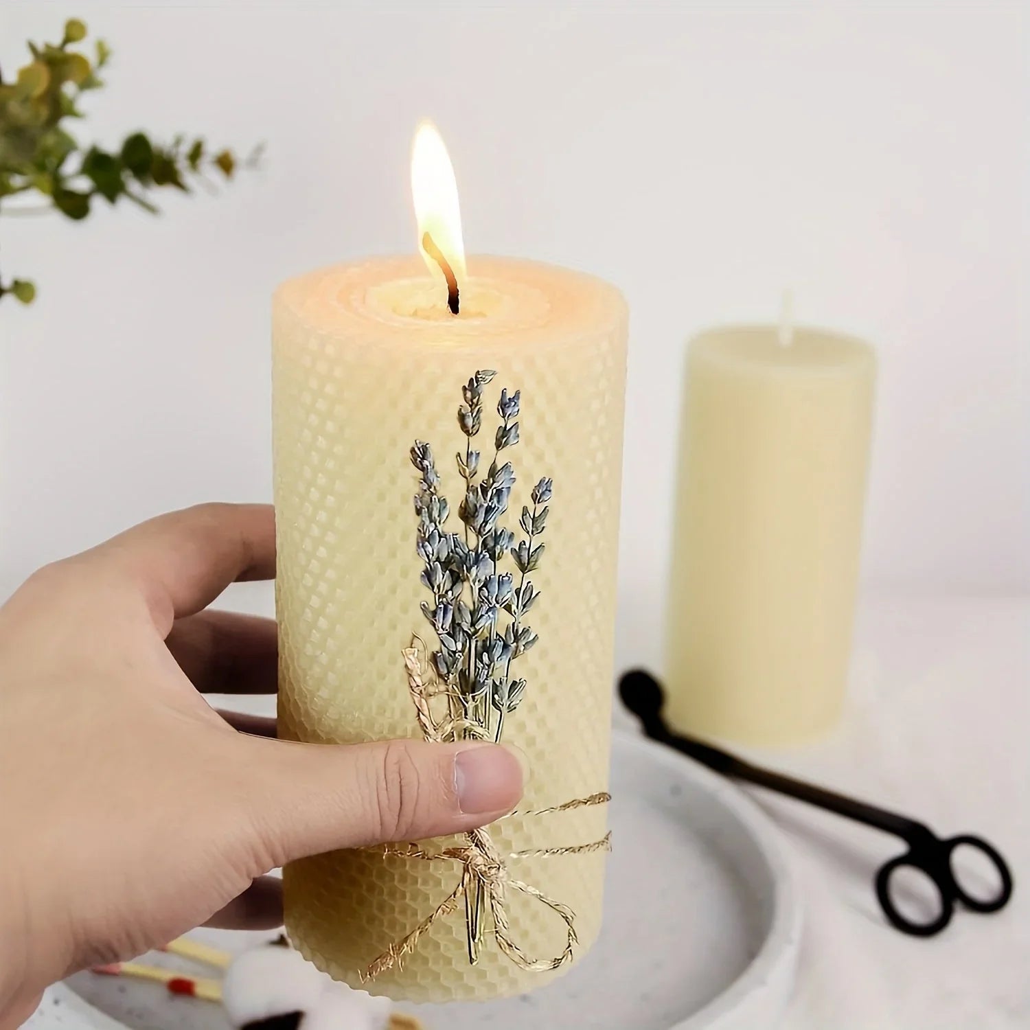 Lavender beeswax pillar candles, soft purple hue, 3-pack set - House of Avana