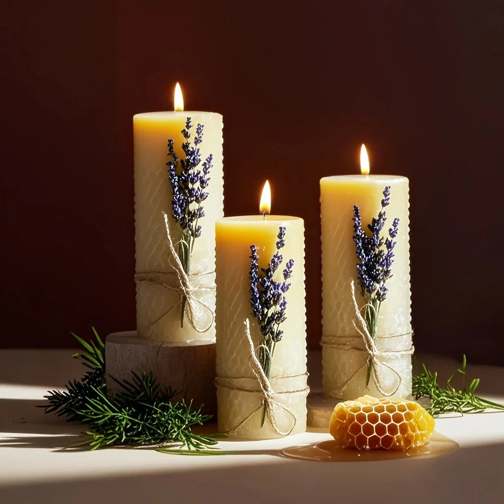 Lavender beeswax pillar candles, soft purple hue, 3-pack set - House of Avana