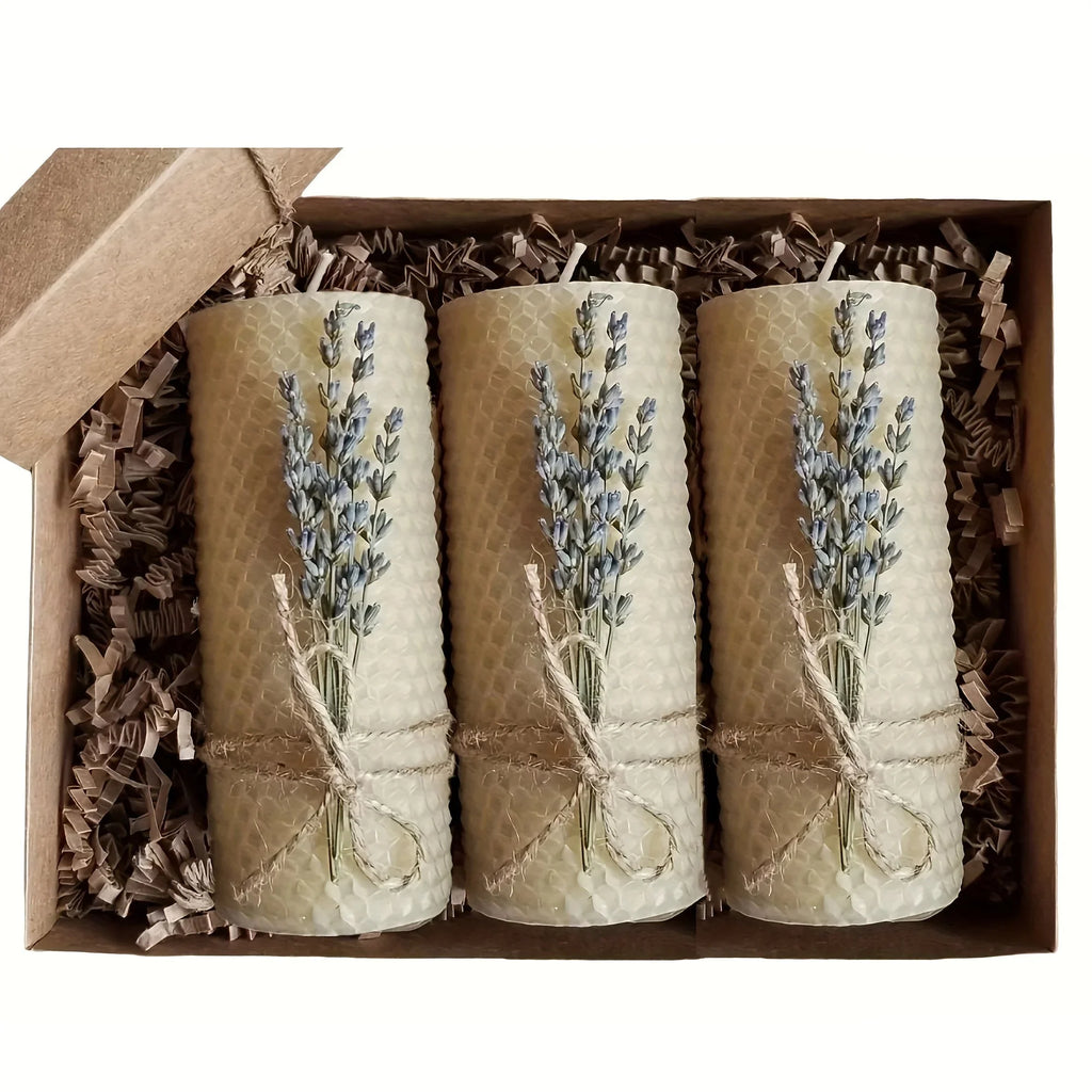Lavender beeswax pillar candles, soft purple hue, 3-pack set - House of Avana