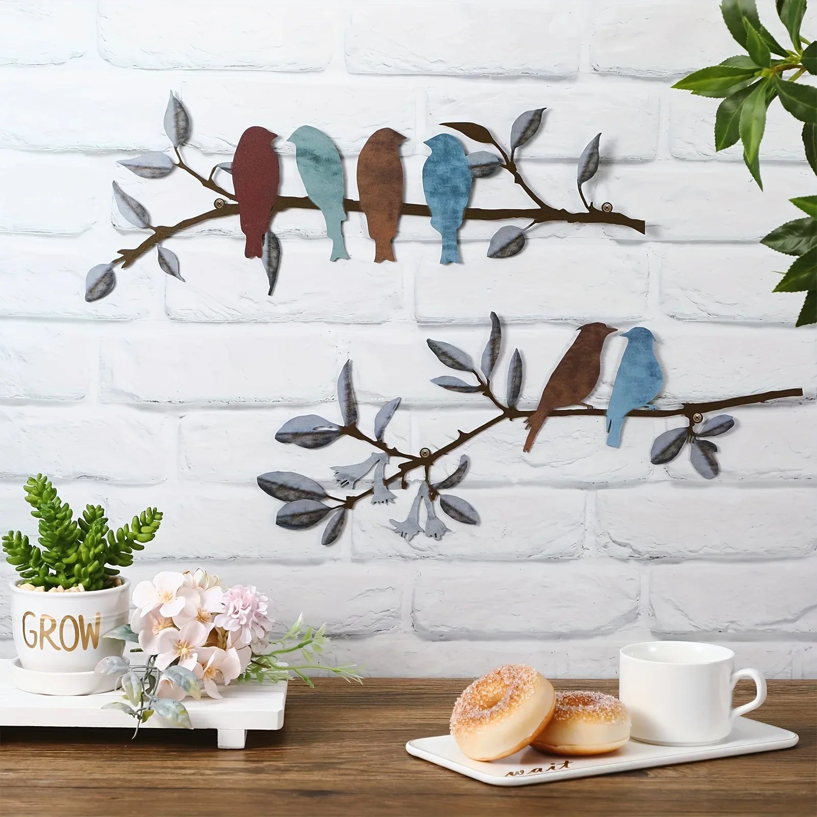 Transverse Metal Birds Wall Art - Vivid Colorful Birds on Branch with Hanging Leaves, Rustic Outdoor... - House Of Avana