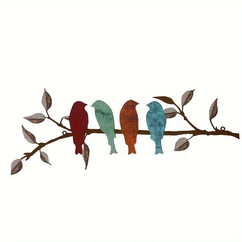 Transverse Metal Birds Wall Art - Vivid Colorful Birds on Branch with Hanging Leaves, Rustic Outdoor... - House Of Avana