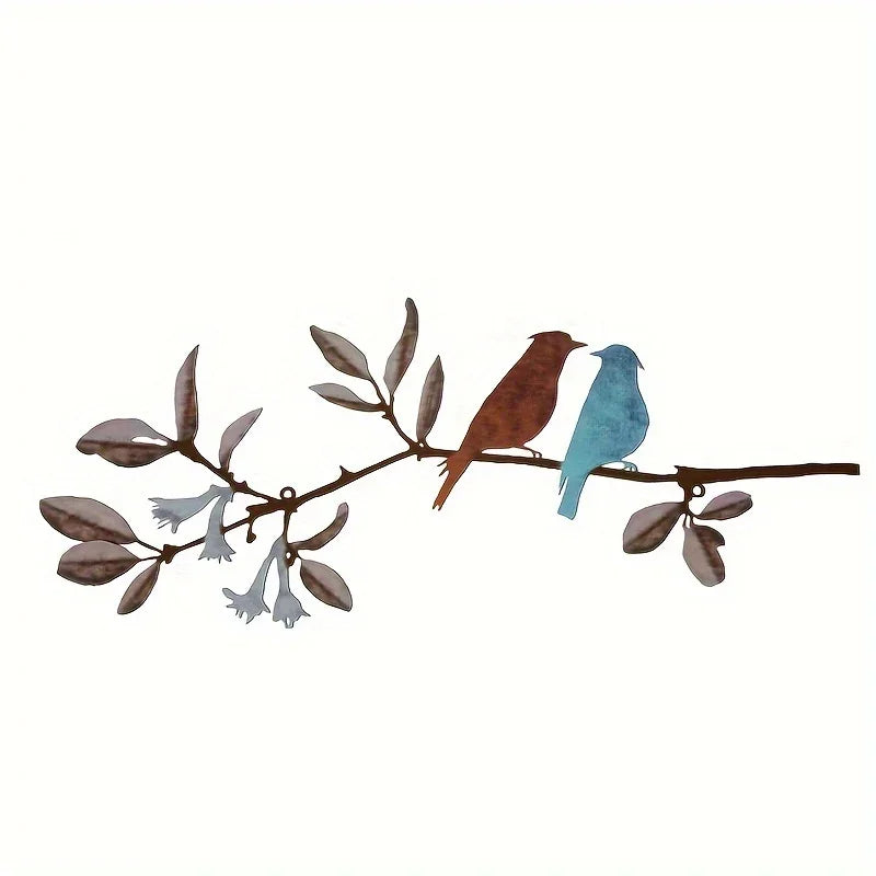Transverse Metal Birds Wall Art - Vivid Colorful Birds on Branch with Hanging Leaves, Rustic Outdoor... - House Of Avana