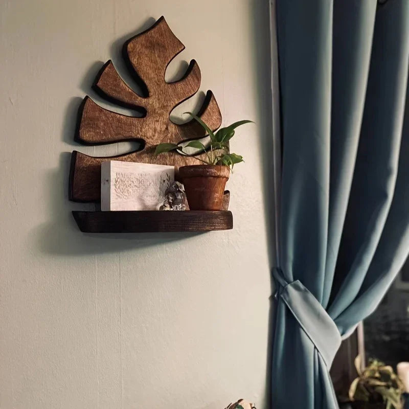 Natural Wood Floating Shelf with Leaf Design and Easy Mounting Bracket, front view - House Of Avana