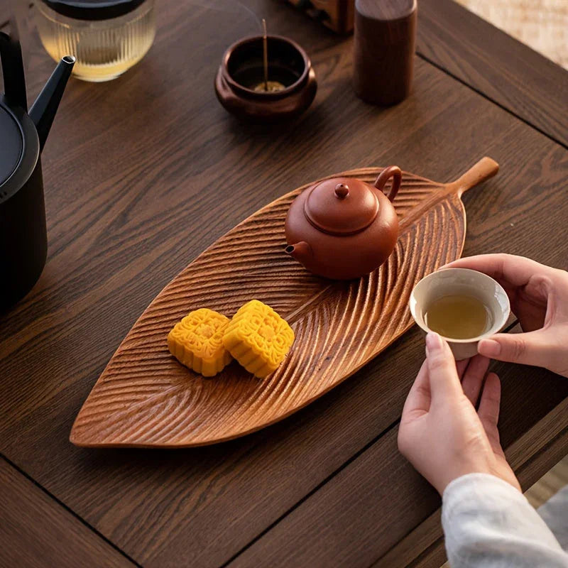 Elegant Leaf Shaped Walnut Tray - a Multifunctional Organizer for Handcrafted Dessert Display and Table... - House Of Avana