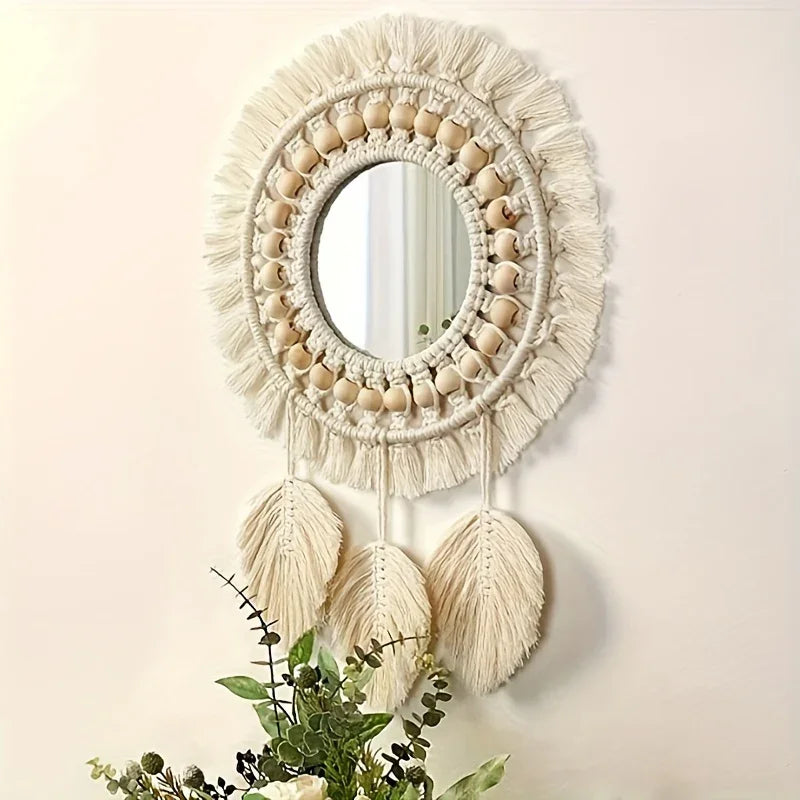 S Bohemian Handmade Wall Mirrors with Wooden Beads & Leaf Tassels – Oval Glass Decorative Mirrors for... - House Of Avana