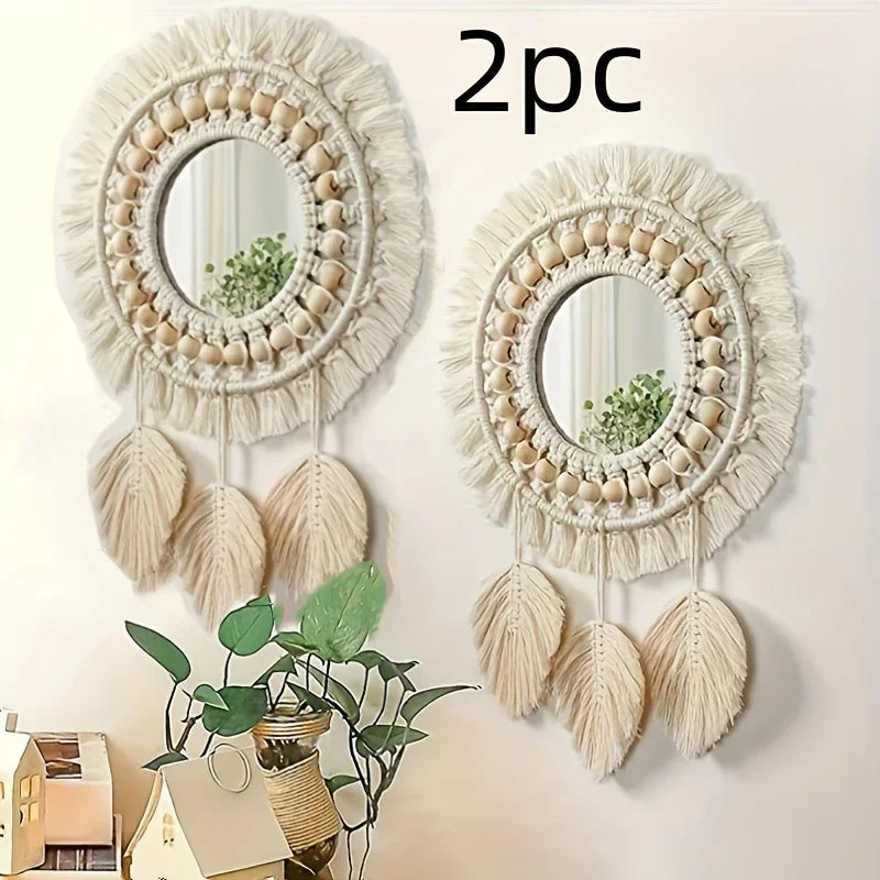 S Bohemian Handmade Wall Mirrors with Wooden Beads & Leaf Tassels – Oval Glass Decorative Mirrors for... - House Of Avana
