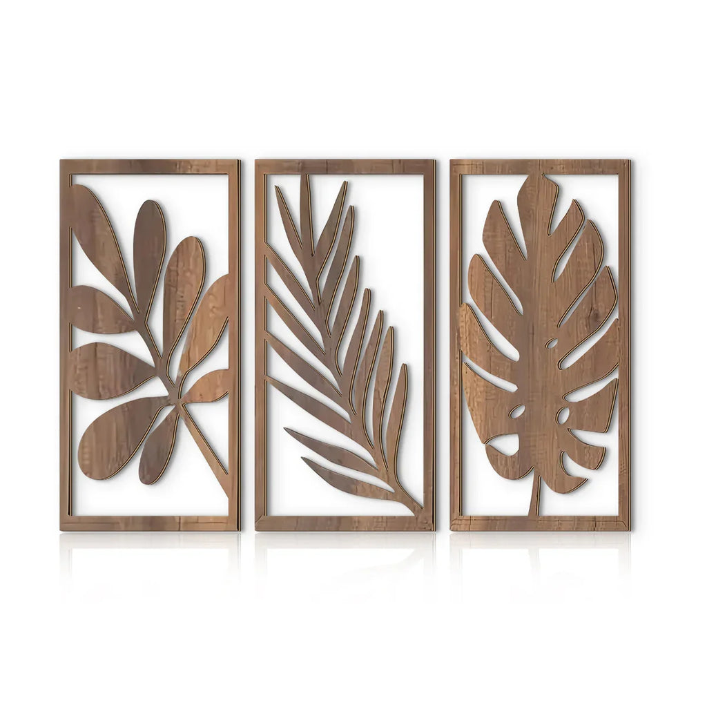 Wall Pediment - Tropical Leaf Design Wooden Natural, angled view - House Of Avana