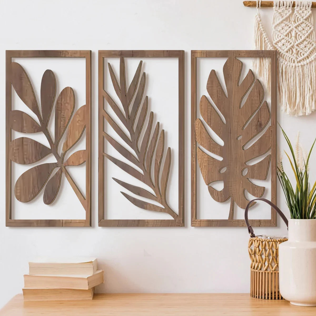 Wall Pediment - Tropical Leaf Design Wooden Natural, front view - House Of Avana