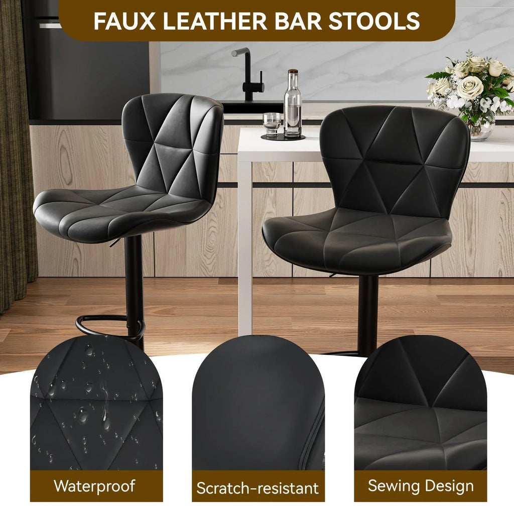 Bar Stools Set of 2, Faux Leather Bar Stools, Height Adjustable with Backrest and Footrest, Upholstered... - House Of Avana