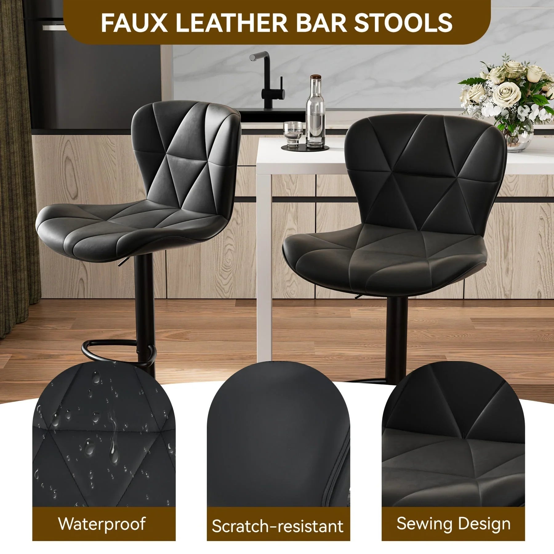Bar Stools Set of 2, Faux Leather Bar Stools, Height Adjustable with Backrest and Footrest, Upholstered... - House Of Avana