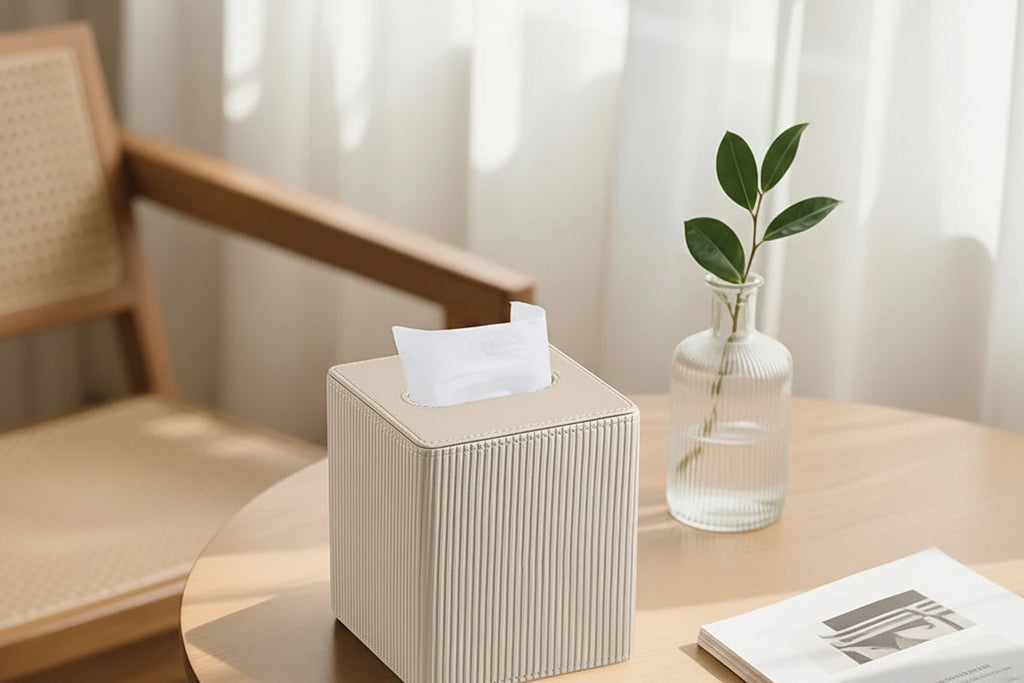 Tissue Box - Decorative Faux Leather Square, angled view - House Of Avana