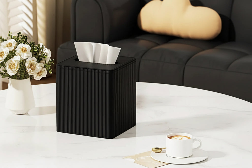Tissue Box - Decorative Faux Leather Square, angled view - House Of Avana