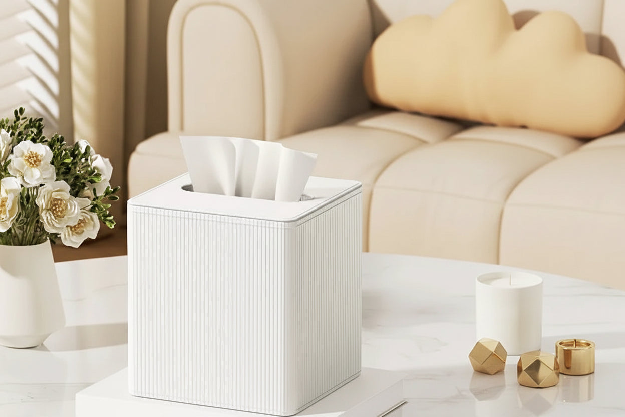 Tissue Box - Decorative Faux Leather Square, detail shot - House Of Avana