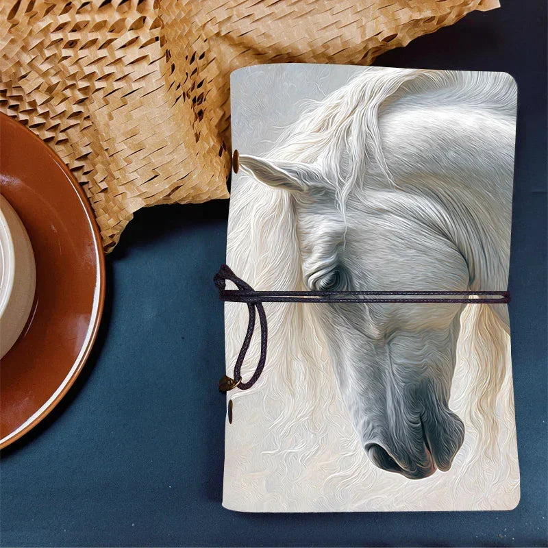 Leather Notebook 160 Pages 80 Sheets Home Gift for New Parent Suitable for Baby Log Milestones and Parenting Notes with White horse with flowing mane Pattern