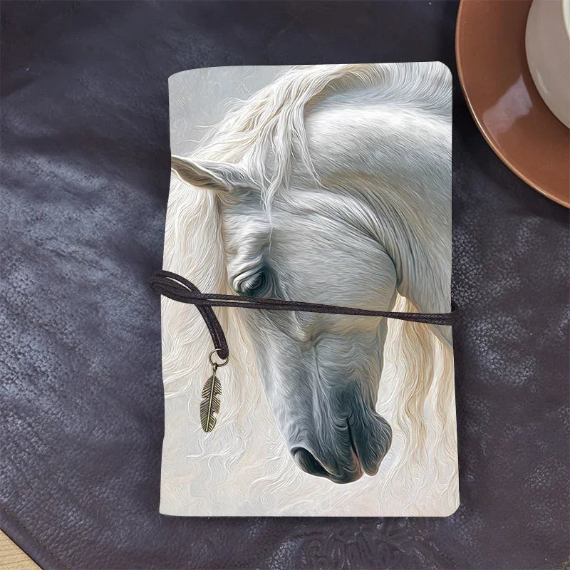 Leather Notebook 160 Pages 80 Sheets Home Gift for New Parent Suitable for Baby Log Milestones and Parenting Notes with White horse with flowing mane Pattern