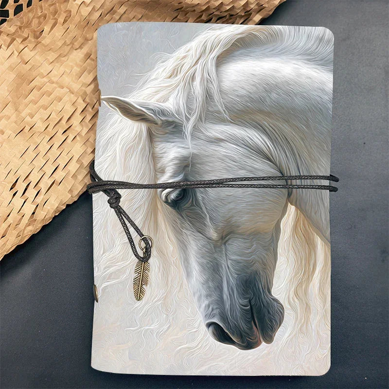 Leather Notebook 160 Pages 80 Sheets Home Gift for New Parent Suitable for Baby Log Milestones and Parenting Notes with White horse with flowing mane Pattern