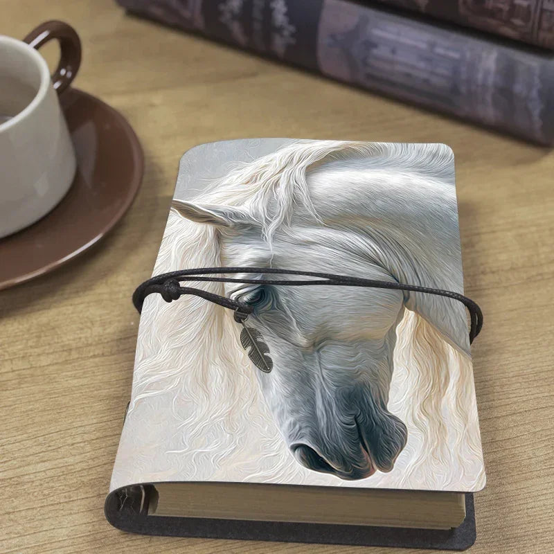 Leather Notebook 160 Pages 80 Sheets Home Gift for New Parent Suitable for Baby Log Milestones and Parenting Notes with White horse with flowing mane Pattern