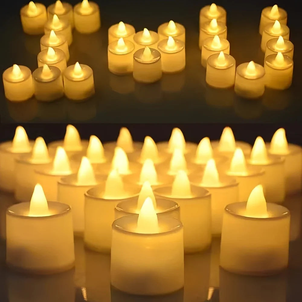 Warm white LED candles, flameless wax pillars, ambient lighting - House of Avana