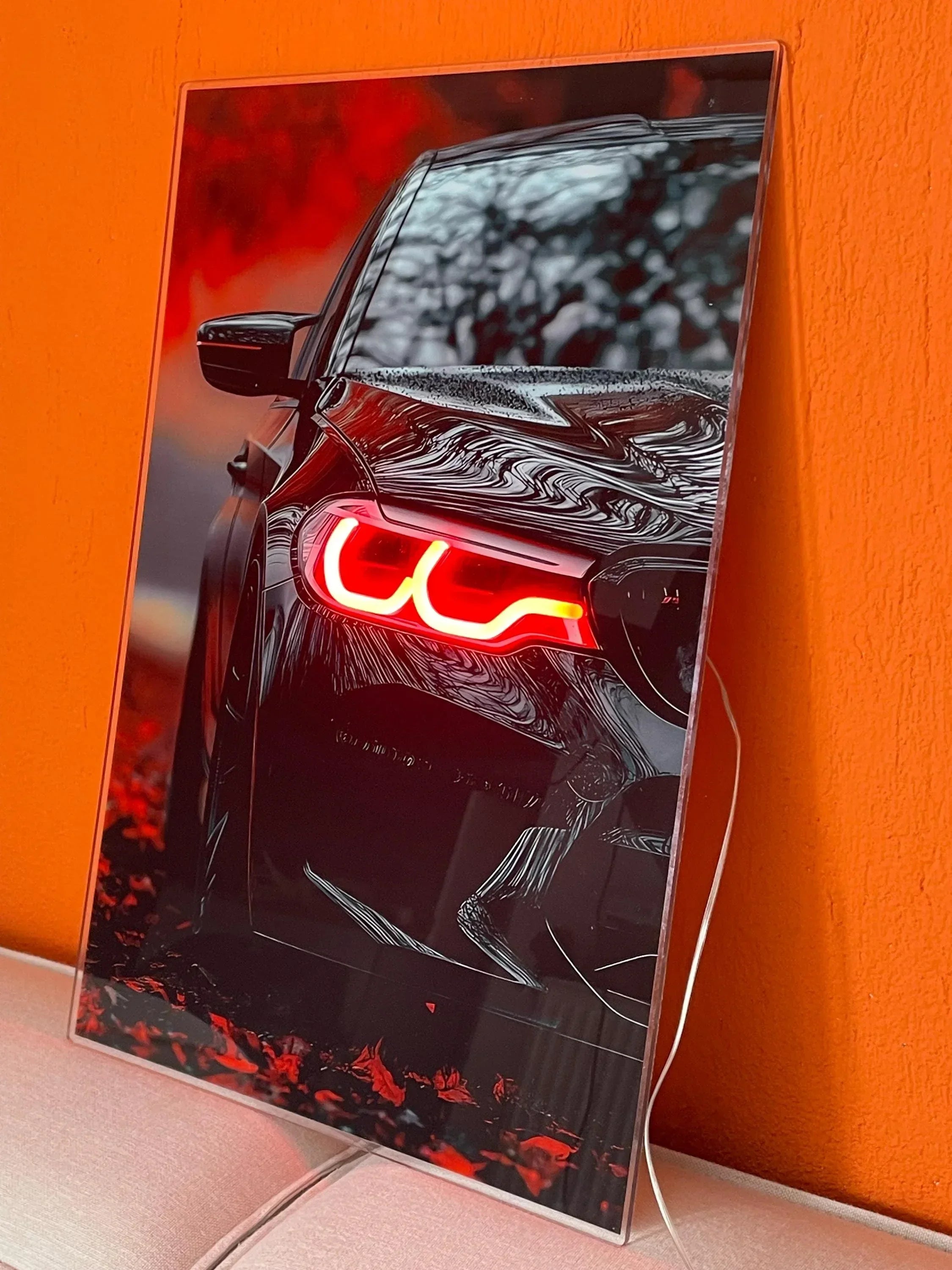 LED Car Wall Art – Modern Acrylic Poster with Neon Light Effect – Custom Sizes Peony Atelier
