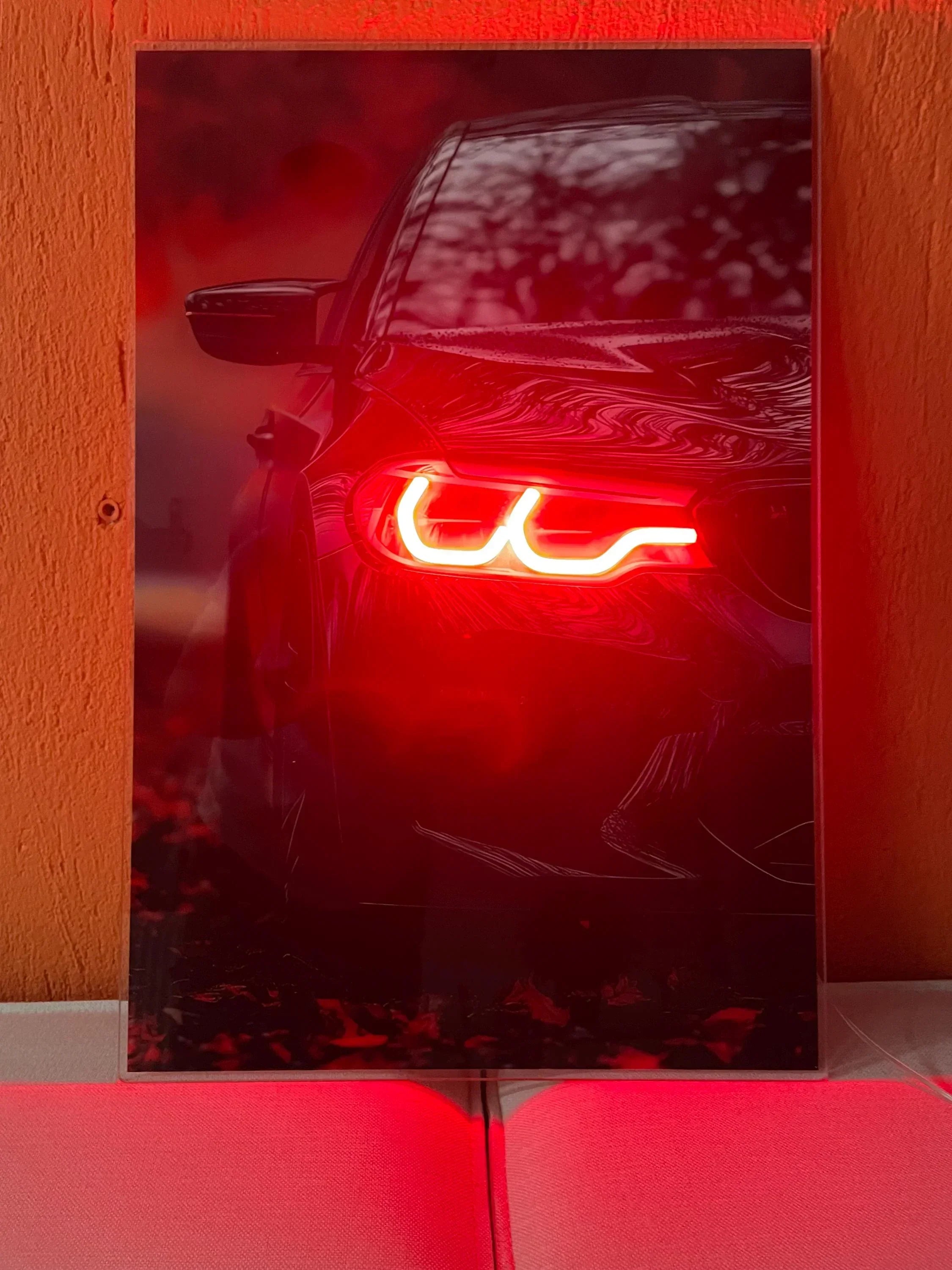 LED Car Wall Art – Modern Acrylic Poster with Neon Light Effect – Custom Sizes Peony Atelier