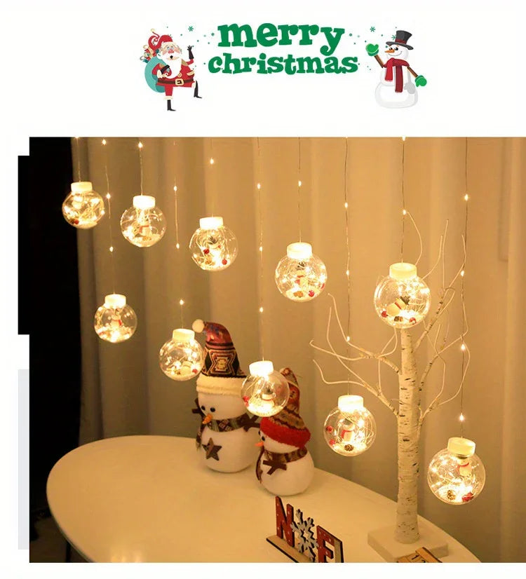 LED Christmas Curtain Lights with Wishing Ball & Snowman Tree Hanging Decorations - -Powered Indoor/Outdoor Holiday Lights with Push Button Control, Door, Or Tabletop Display - Durable Plastic & Copper Wire Design For Christm House Of Avana