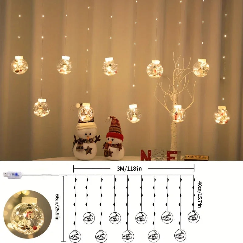 LED Christmas Curtain Lights with Wishing Ball & Snowman Tree Hanging Decorations - -Powered Indoor/Outdoor Holiday Lights with Push Button Control, Door, Or Tabletop Display - Durable Plastic & Copper Wire Design For Christm House Of Avana