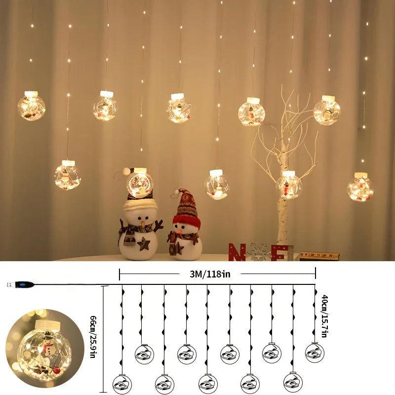 LED Christmas Curtain Lights with Wishing Ball & Snowman Tree Hanging Decorations - -Powered Indoor/Outdoor Holiday Lights with Push Button Control, Door, Or Tabletop Display - Durable Plastic & Copper Wire Design For Christm House Of Avana