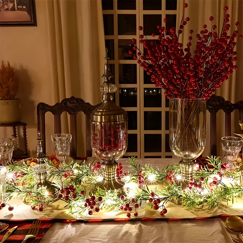 [Christmas Lights] Christmas Garland With LED Lights, PVC Festive Berry Decoration, Battery Operated, New Year, Office, Room, Wedding, Home Wall Decor, Christmas Decor, Christmas Home Decor, Battery Operated Lights, Festive H House Of Avana