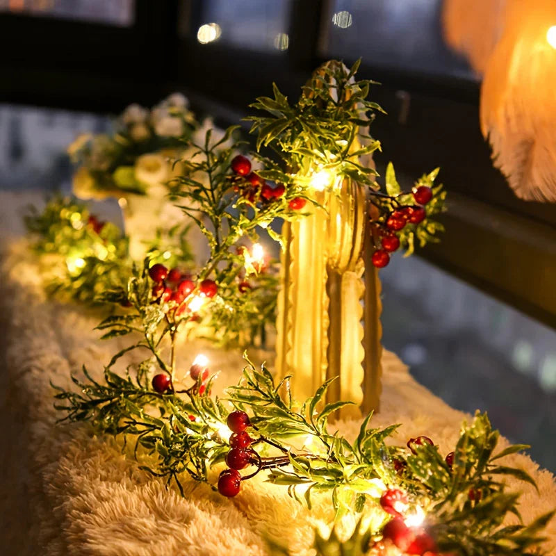 [Christmas Lights] Christmas Garland With LED Lights, PVC Festive Berry Decoration, Battery Operated, New Year, Office, Room, Wedding, Home Wall Decor, Christmas Decor, Christmas Home Decor, Battery Operated Lights, Festive H House Of Avana [[SKU:HOA-GDN-018]]