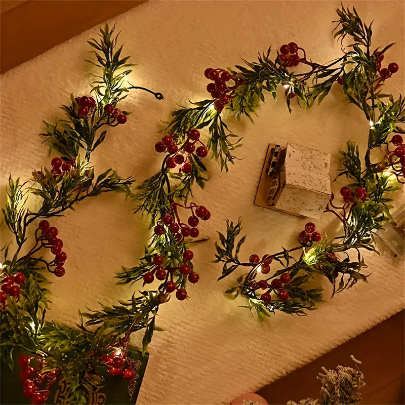 [Christmas Lights] Christmas Garland With LED Lights, PVC Festive Berry Decoration, Battery Operated, New Year, Office, Room, Wedding, Home Wall Decor, Christmas Decor, Christmas Home Decor, Battery Operated Lights, Festive H House Of Avana [[SKU:HOA-GDN-018]]
