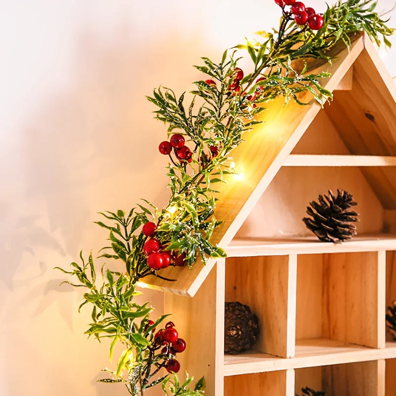 [Christmas Lights] Christmas Garland With LED Lights, PVC Festive Berry Decoration, Battery Operated, New Year, Office, Room, Wedding, Home Wall Decor, Christmas Decor, Christmas Home Decor, Battery Operated Lights, Festive H House Of Avana [[SKU:HOA-GDN-018]]