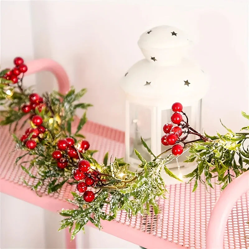 [Christmas Lights] Christmas Garland With LED Lights, PVC Festive Berry Decoration, Battery Operated, New Year, Office, Room, Wedding, Home Wall Decor, Christmas Decor, Christmas Home Decor, Battery Operated Lights, Festive H House Of Avana [[SKU:HOA-GDN-018]]