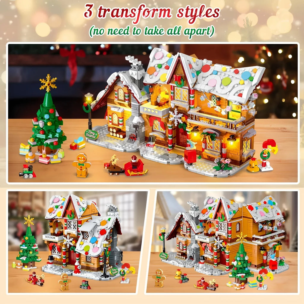 LED-Lit Christmas Village Building Blocks Set with Santa Train & Gingerbread House - 3 Style Modes, Interactive Light Display, Multi-Color Holiday Scene with Snowy Roofs & Twinkling Lights, Creative Construction Toy for Adult House Of Avana