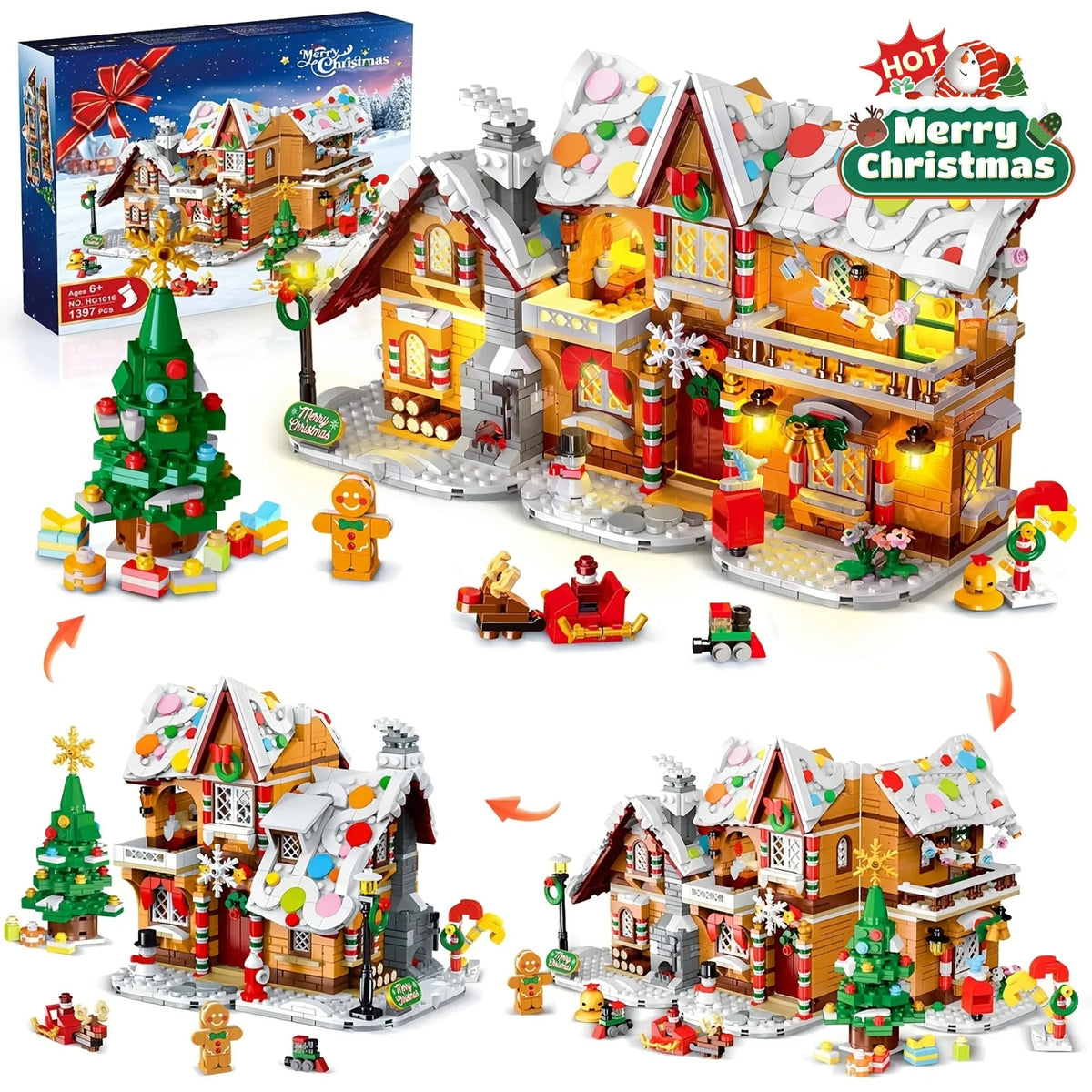LED-Lit Christmas Village Building Blocks Set with Santa Train & Gingerbread House - 3 Style Modes, Interactive Light Display, Multi-Color Holiday Scene with Snowy Roofs & Twinkling Lights, Creative Construction Toy for Adult House Of Avana [[SKU:HOA-XMS-413]]
