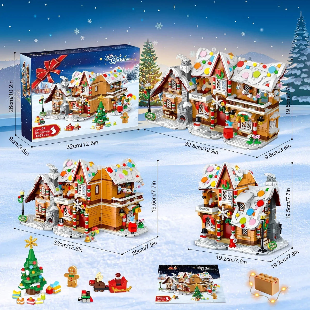 LED-Lit Christmas Village Building Blocks Set with Santa Train & Gingerbread House - 3 Style Modes, Interactive Light Display, Multi-Color Holiday Scene with Snowy Roofs & Twinkling Lights, Creative Construction Toy for Adult House Of Avana [[SKU:HOA-XMS-413]]