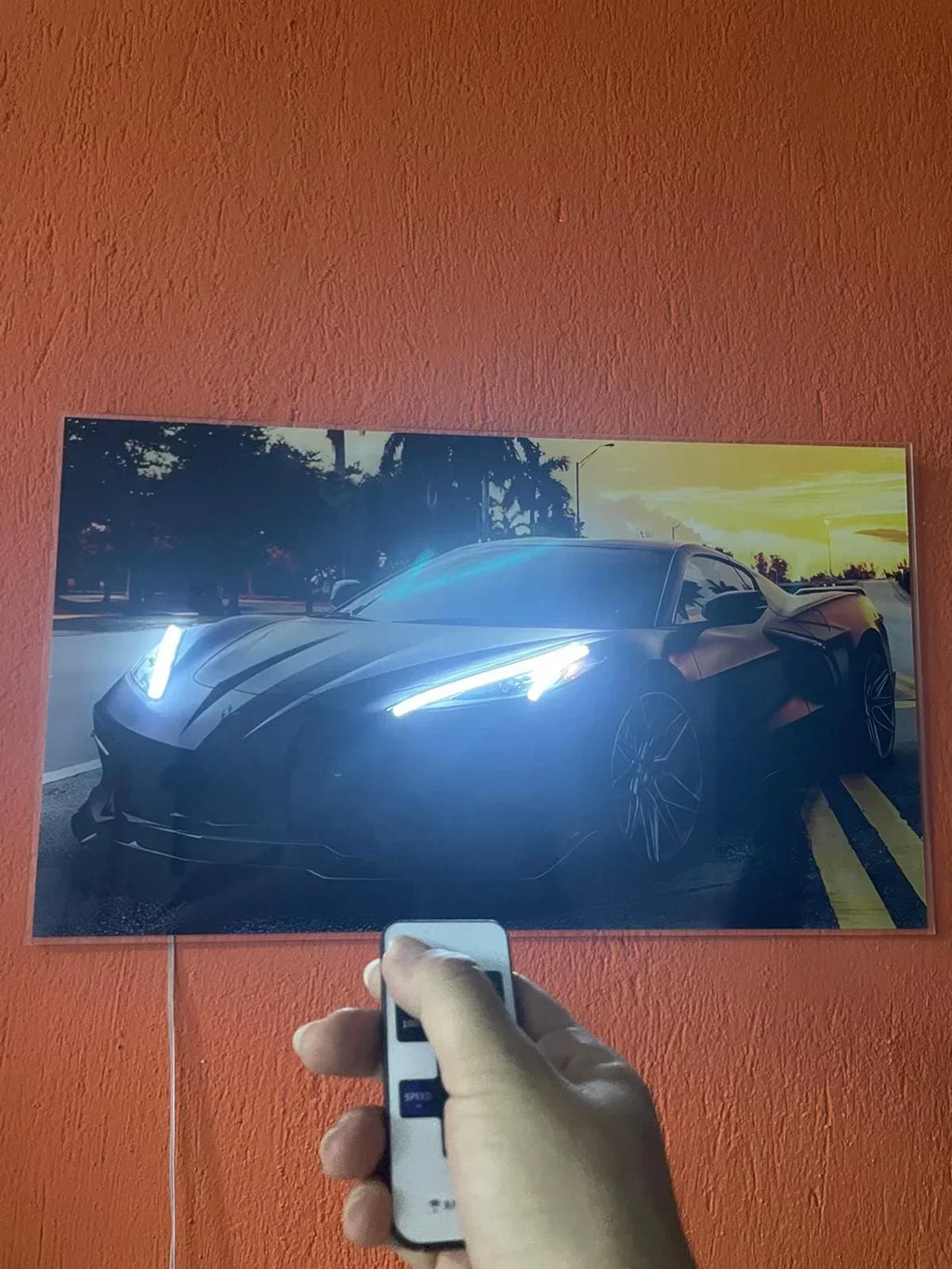 LED Sports Car Wall Art – Acrylic UV‑Printed, Remote Dimmer Included Peony Atelier