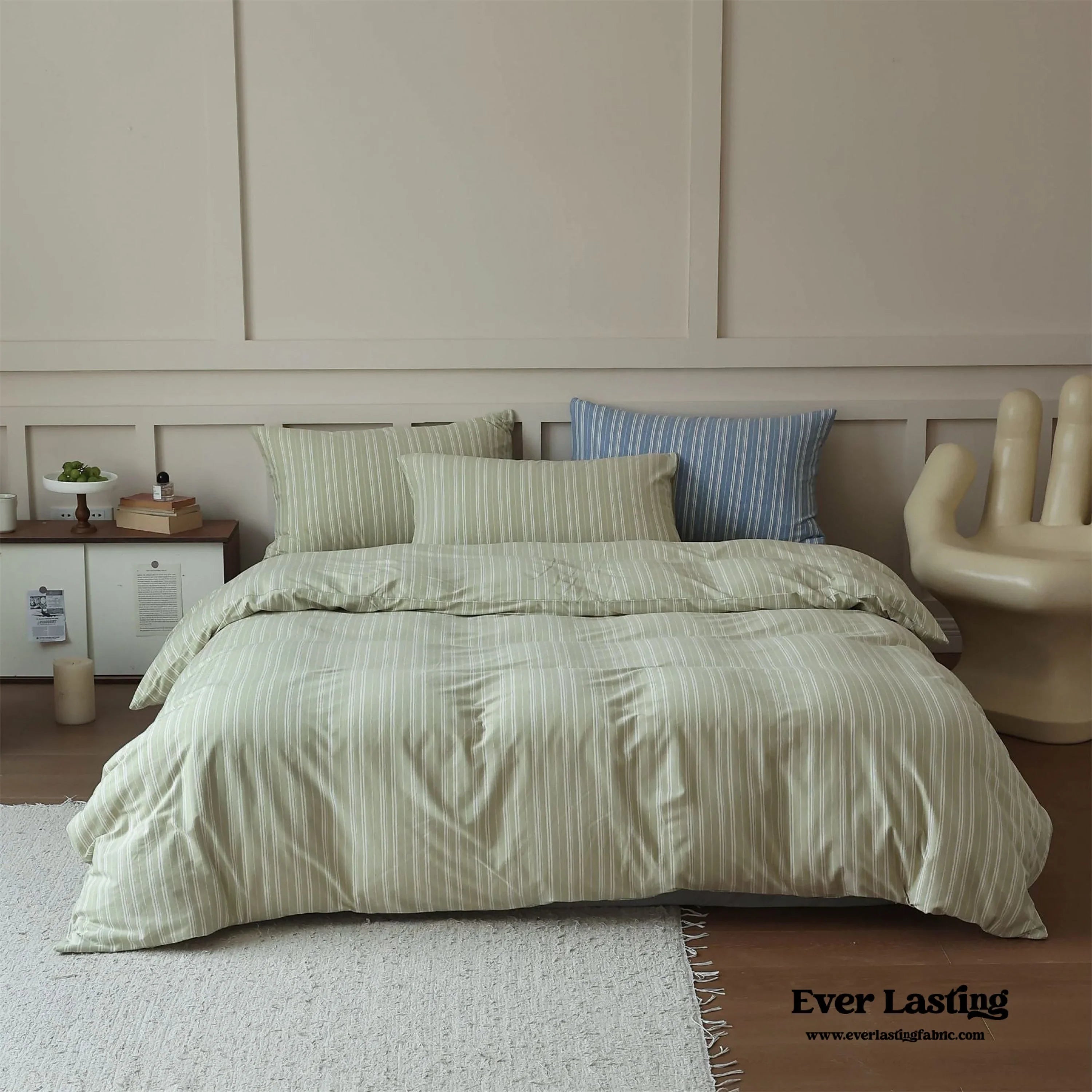 Leo Striped Jersey Knit Cotton Bedding Set / Green Ever Lasting