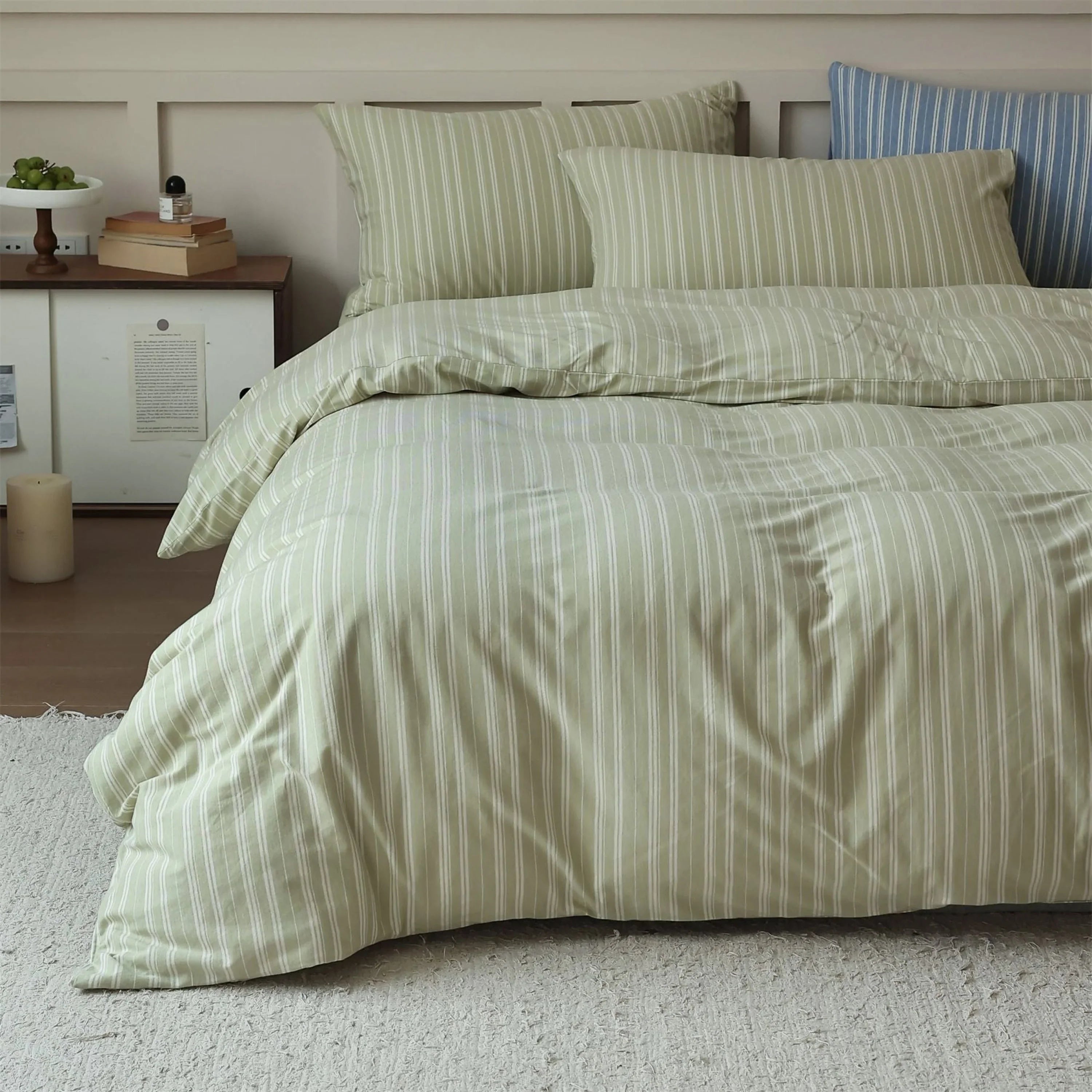 Leo Striped Jersey Knit Cotton Bedding Set / Green Ever Lasting