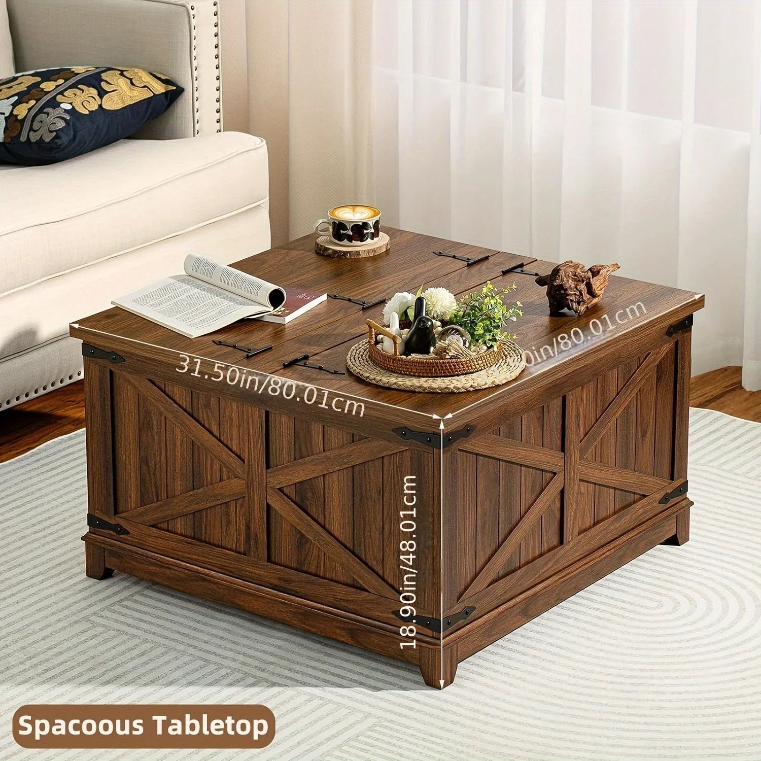 Lerliuo Farmhouse Coffee Table With Hidden Storage Space, Wood Square Large Center Table For Living Room, Farm House Rustic Brown Retro Coffee Tables With Hinged Lift Top For Meeting Room, Home House Of Avana