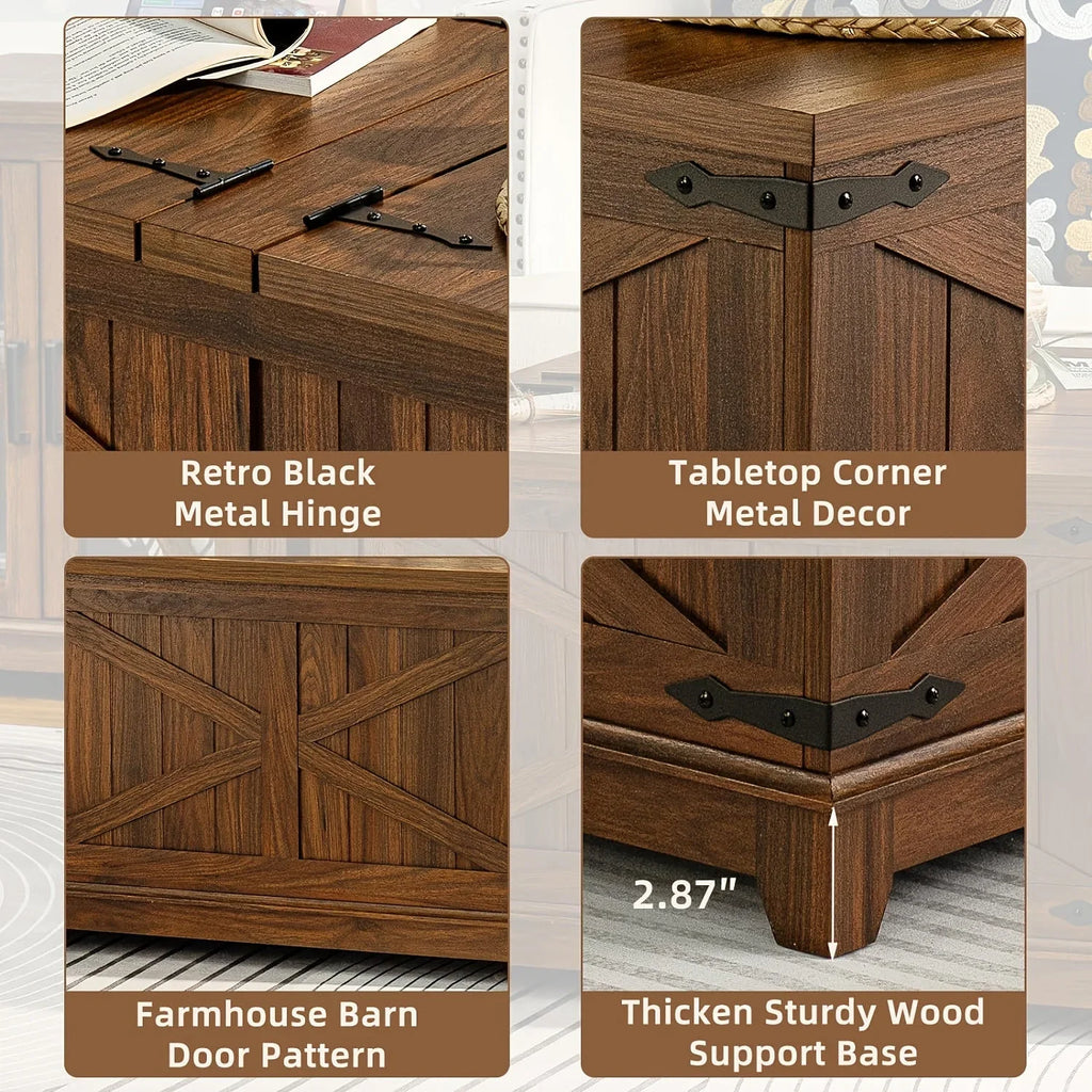 Lerliuo Farmhouse Coffee Table With Hidden Storage Space, Wood Square Large Center Table For Living Room, Farm House Rustic Brown Retro Coffee Tables With Hinged Lift Top For Meeting Room, Home House Of Avana