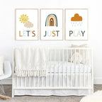 "let's Just Play" - Sunshine, Rainbow, Clouds Playroom Set - Luster Paper Nursery Wall Art Prints, back view - House Of Avana