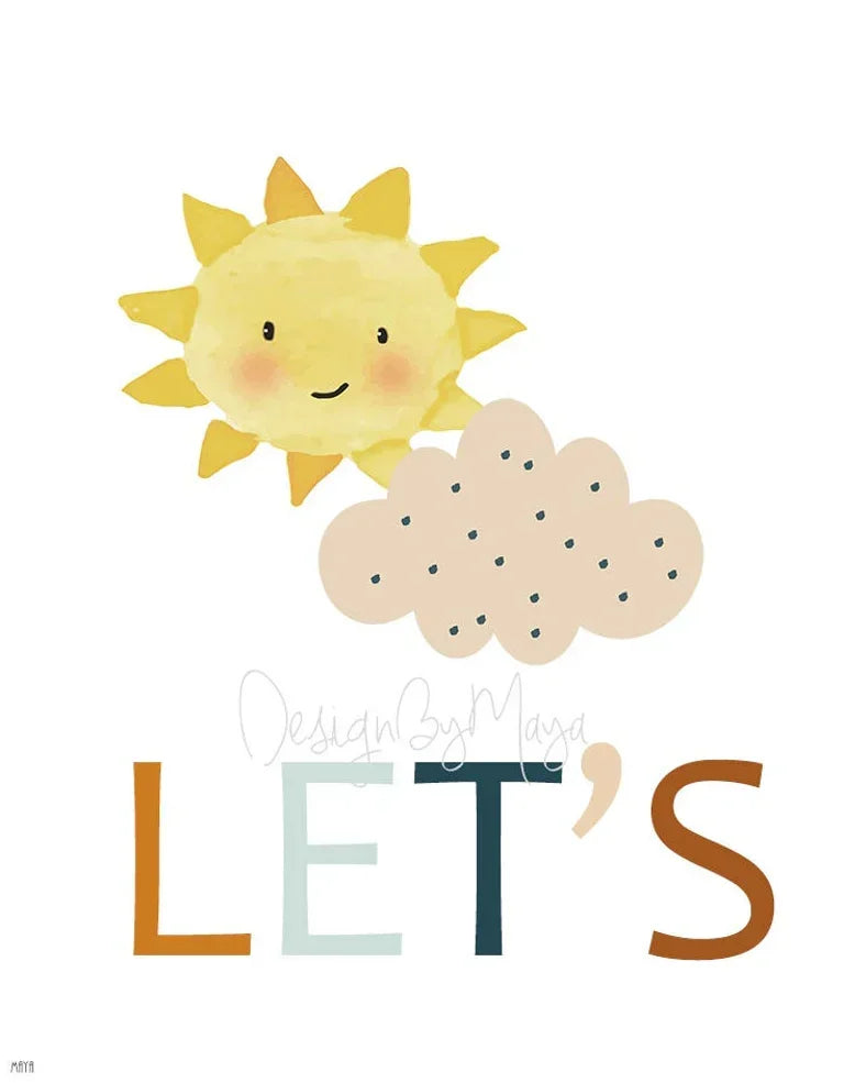 "let's Just Play" - Sunshine, Rainbow, Clouds Playroom Set - Luster Paper Nursery Wall Art Prints, side view - House Of Avana