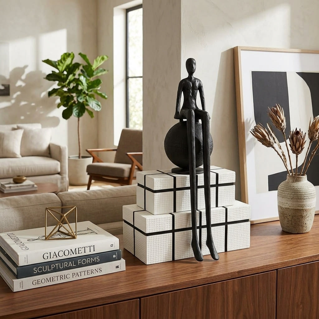 Abstract Long-Legged Thinker Sculpture Modern Matte Black Figurine
