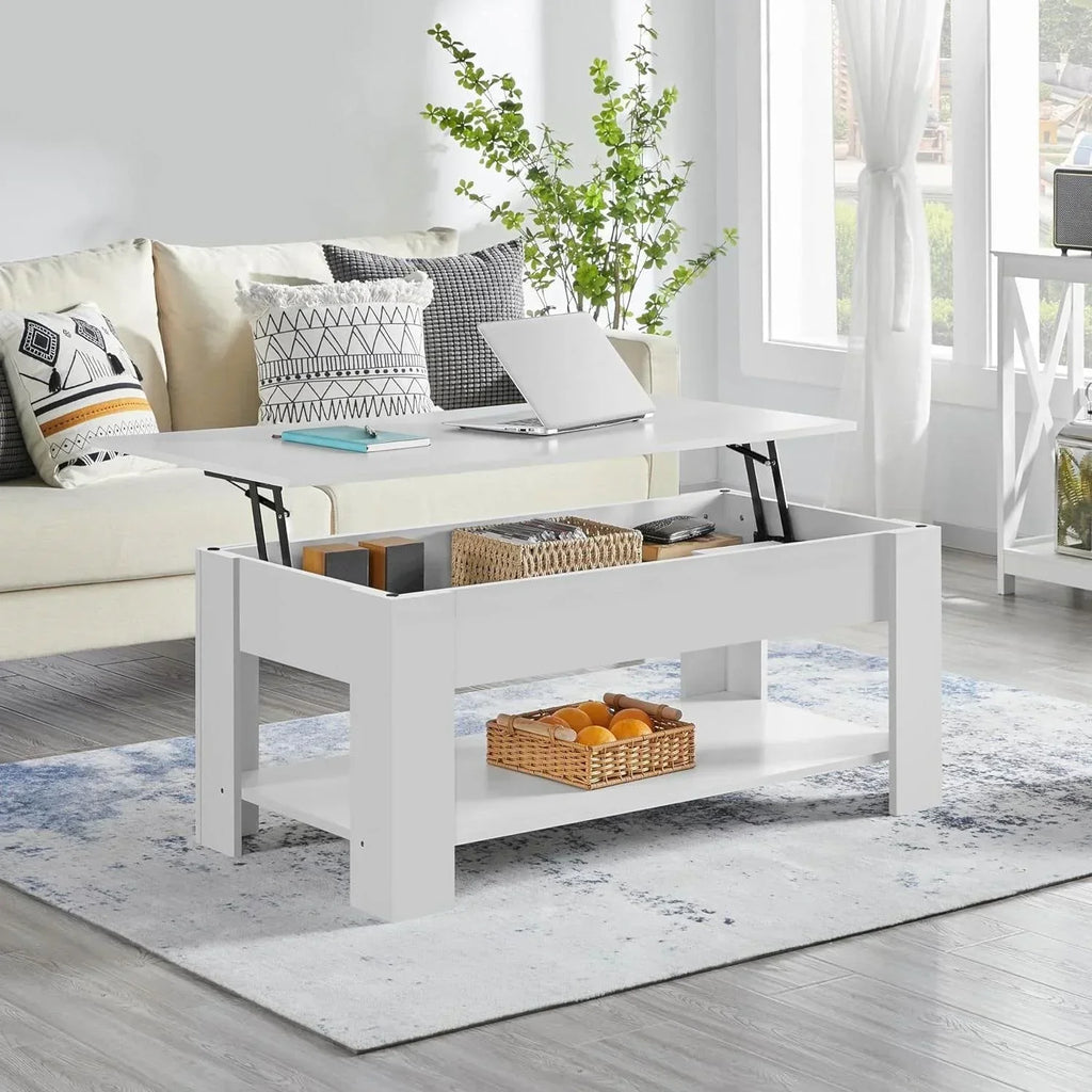 Lift-Top Coffee Table Laptop Desk TV Tray in White Wood Finish