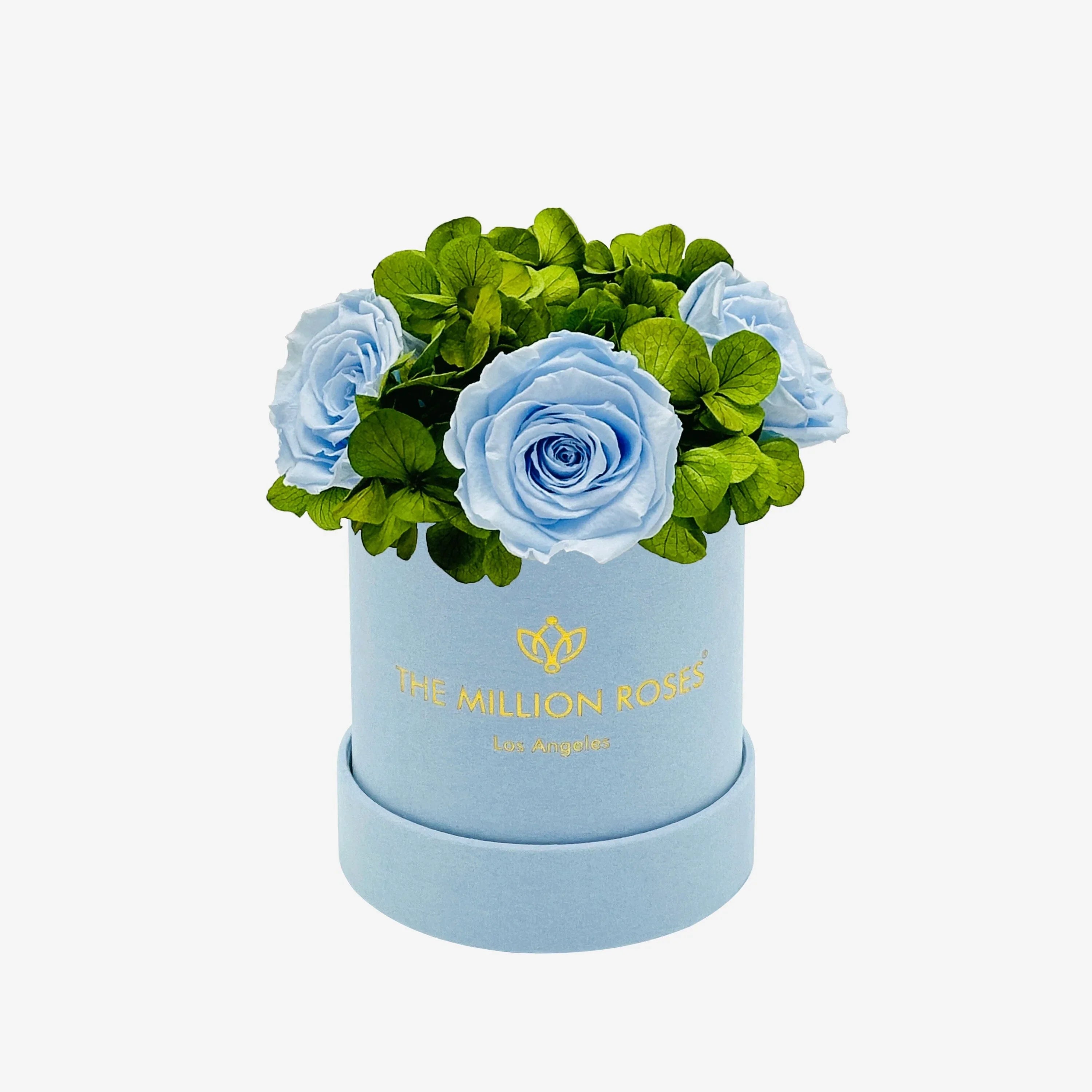 Light blue suede garden box with roses, soft fabric exterior - House of Avana